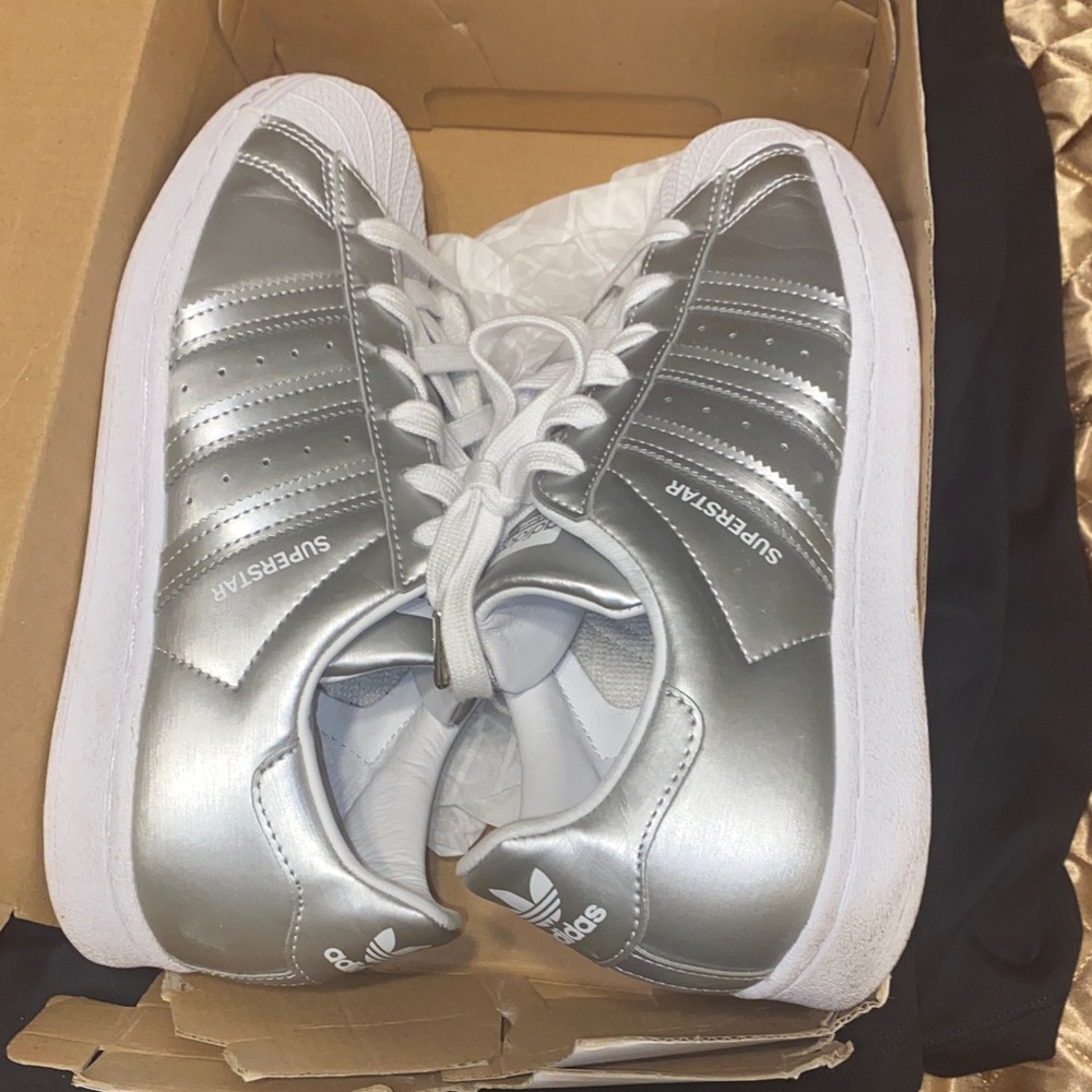 adidas Metallic Silver & White Superstar Sneakers